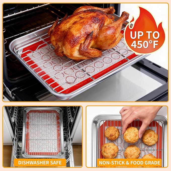 Baking Sheet Pan Set of 12, CEKEE Stainless Steel Cookie Sheets for Baking with Cooling Rack Silicone Baking Mat, Small/Quarter/Jelly Roll Pan, 9/10/12/16 Inch, Heavy Duty & Non Toxic & Easy Clean