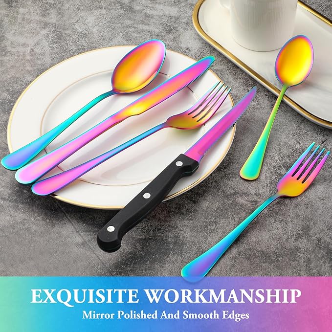 36 Pcs Rainbow Silverware Set with Steak Knives Service for 6,Stainless Steel Flatware Set,Mirror Polished Cutlery Utensil Set, Kitchen Eating Tableware,Include Fork Knife Spoon Set,Dishwasher Safe
