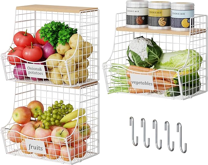 3 Pack Hanging Fruit Basket for Kitchen with Wood Lid - Onion and Potato Storage Fruit Bowl with Nameplate for Counter&Wall Mounted, Stackable Storage Basket,11.81 * 8.66 * 10.63inch