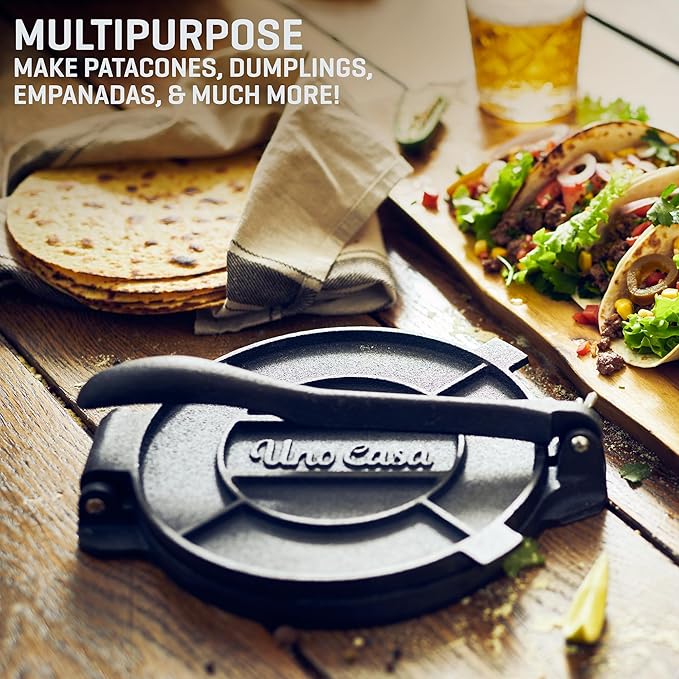 Uno Casa Tortilla Master Kit - Tortilla Press 8 Inch with 10.5 IN Comal Pan, 4 Taco Holders, and Tortilla Warmer - Complete Taco Tuesday Kit, Rotis, and Quesadillas - Unique Gift for Friends or Family