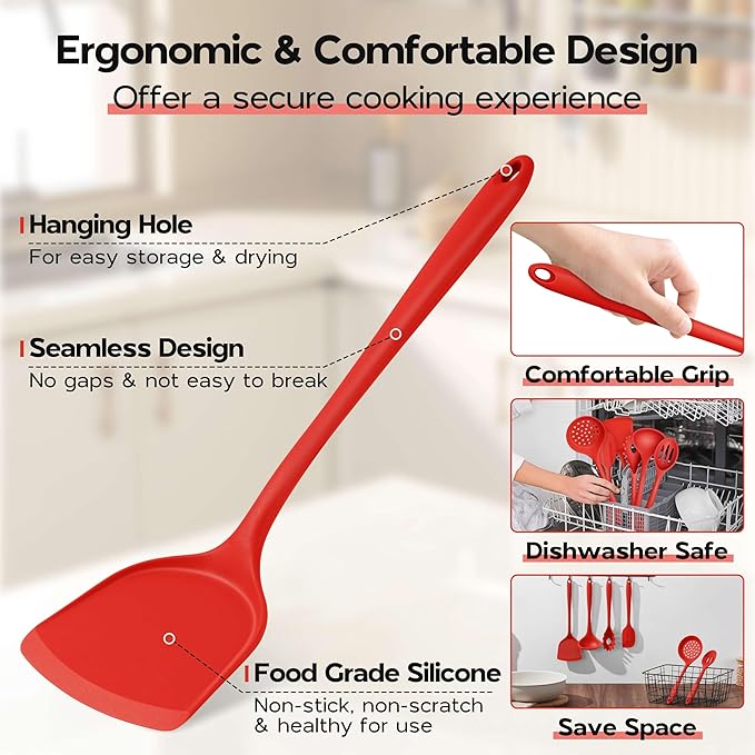 Onader Silicone Cooking Utensils Set, Red Kitchen Utensils 6 Pcs Set, Heat Resistant Kitchen Tool Kit, Nonstick Cookware Friendly & Non Toxic