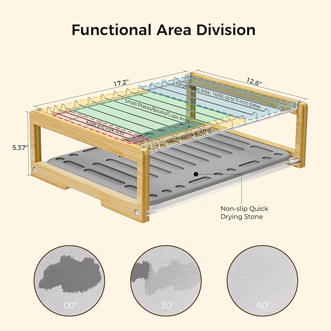 Wealone Stone Dish Drying Mat with Stainless Steel Dish Rack, Super Absorbent Diatomaceous Earth Dish Drying Mat, Large Size Stone Drying Mat, Fast Drying Dish Racks for Kitchen Counter