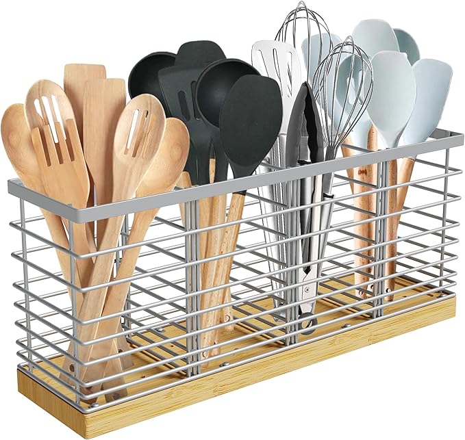Suli Extra Large Kitchen Utensil Holder Countertop with 4 Compartments,Silvery Metal holder with Wooden Base for Countertop,Farmhouse Utensil Organizer for counter,Rustic Cooking Utensil Organizer