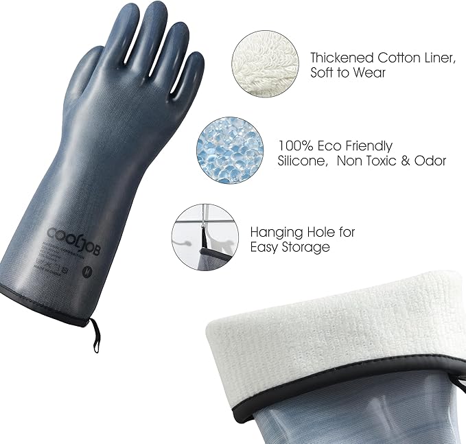 COOLJOB Heat Resistant Oven Gloves, Waterproof Liquid Silicone BBQ Grilling Gloves for Barbecue, Kitchen Cleaning, Baking, Food Contact, Black, XL