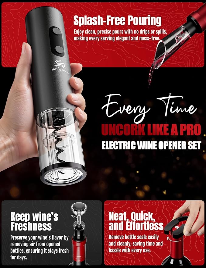 Electric Wine Opener Set, 5-in-1 Battery Operated Electric Bottle Opener With Foil Cutter, Wine Pourer, Vacuum Stopper and Storage Case. Ideal Gift for Wine Lovers, Free E-book included.