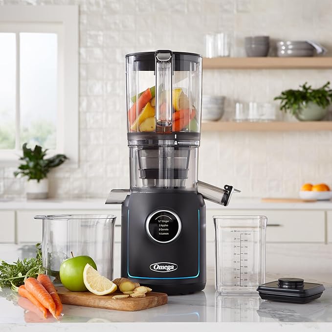 Omega Ultimate Performance Slow Masticating Batch Juicer with Intellidial Technology Cold Press Vegetable and Fruit Juice Extractor with 64-Ounce Hopper and 4 Juice Shot Glasses, 200-Watts, Black