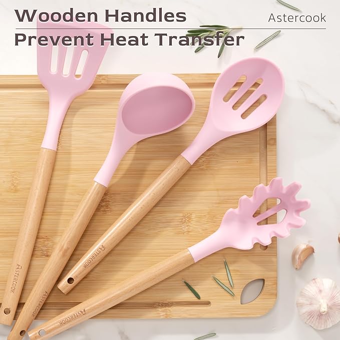 Astercook Kitchen Utensils set, 39 PCS Silicone Cooking Utensils Set with Wooden Handle, 446°F Heat Resistant Food Grade Utensil Sets, BPA Free Kitchen Gadgets Tools Set for Nonstick Cookware (Pink)