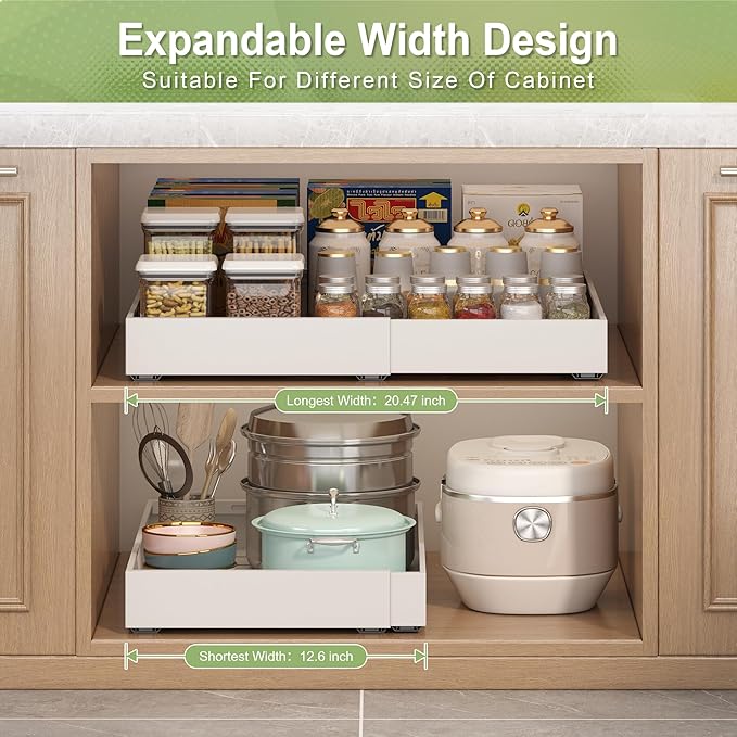 2-Pack-Expandable-Pull-Out-Cabinet-Organizers For Kitchen, Adjustable Slide Out No Drill Adhesive Drawers With Raising Pad For Framed Cabinet, Heavy Duty Sliding Roll Out Shelves Inside Cabinet