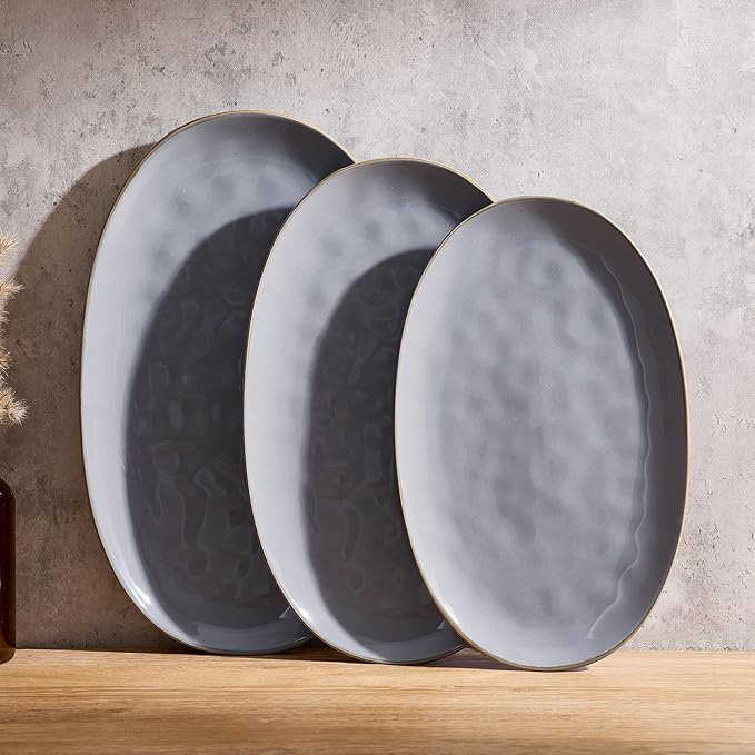 famiware Serving Platter, Oval 15.59/14.3/12.9 inch Serving Dishes for Entertaining, Serving Bowls, Microwave Safe, Fine Stonware Serving Trays for Party, Turkey, Cheese, Ocean Series, Dark Grey