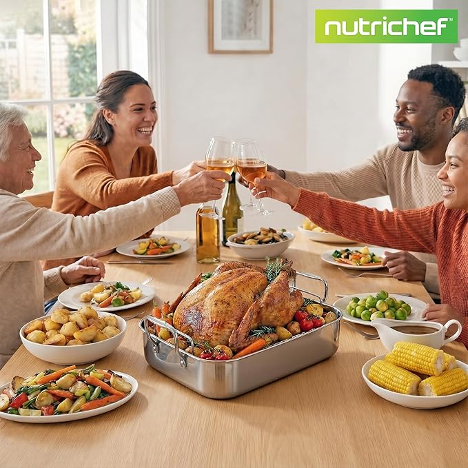 NutriChef Premium Stainless Steel Roasting Pan with Rack – Heavy‑Duty 14″ Turkey Roasting Pan for Turkey, Chicken & Meats (Wide Handles, Dishwasher Safe)