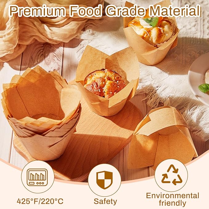 Motiskyy Jumbo Muffin Liners for Baking 2-1/4" x 4" Large Tulip Cupcake Liners Greaseproof Cupcake Wrapper Paper for Weddings Birthday Christmas Anniversaries Party (Light Brown,300 Pcs)
