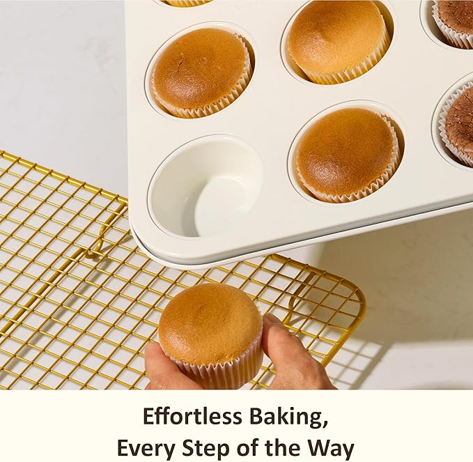 CAROTE 6-Piece Ceramic Baking Pans Set, Aluminized Steel Bakeware Sets, Toxin-Free Nonstick Stackable Oven Pans with Cookie Sheet, Muffin Pan, Loaf Pan, Round & Square Cake Pan, Cooling Rack