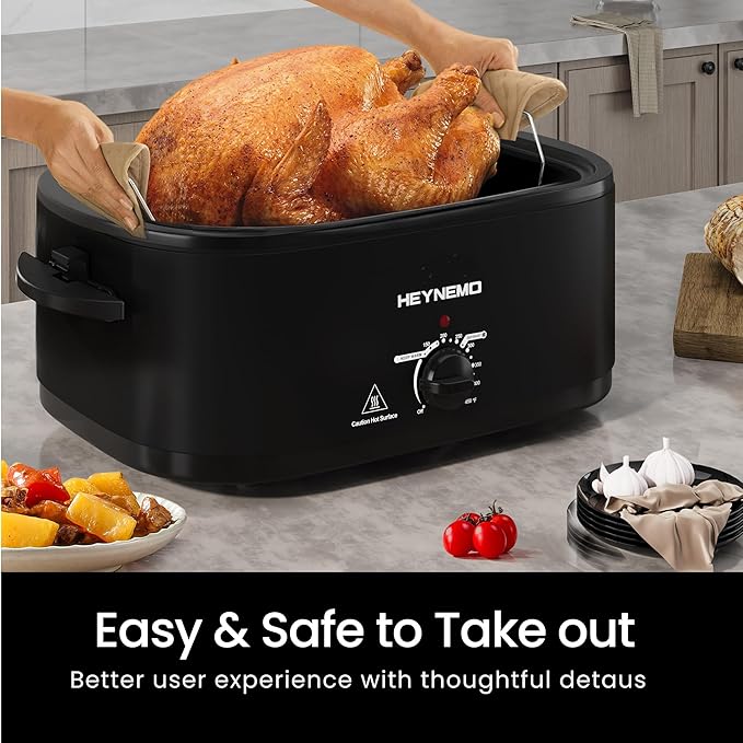 20Qt Roaster Oven Buffet with Self-Basting Lid, 1450W Stainless Steel Electric Turkey Roaster Oven with Cool-Touch Handles, Removable Pan and Rack, Black