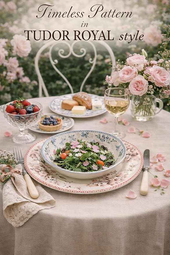 Tudor Royal 12-Piece Porcelain Round Dinnerware Set, Service for 4, Vintage Garden, Floral, Plates Bowls Dishes, Premium Quality Tableware, Unique Pattern, Glossy