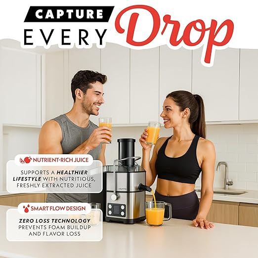 Gourmia 6 Speed Digital Juice Extractor -Extra-Wide Chute, Pulse Mode, Self-Clean Cycle, 36 oz Pitcher, Pulp Container & Cleaning Brush, Stainless Steel