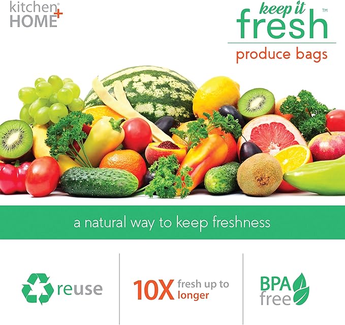 Keep it Fresh Produce Bags - 60 Reusable BPA Free Freshness Produce Bags & Twist Ties - Keeps Fruits, Veggies, and Flowers Fresher Longer