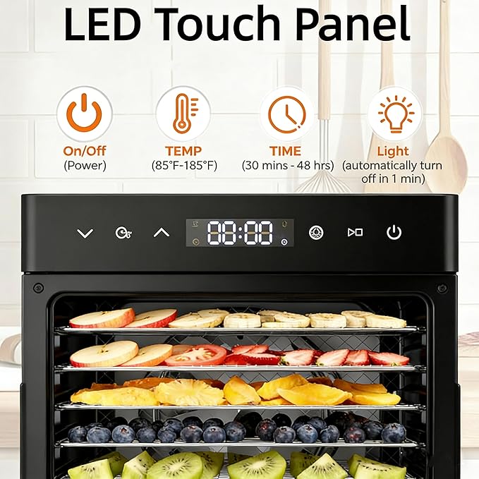 Simple Deluxe Food Dehydrator Machine, Fruit Dryer Machine with 8 Stainless Steel Trays, 24H Digital Timer 185°F Temperature Control, 500W Food Dryer for Jerky Meat Herb Fruit and Dog Treat, Black