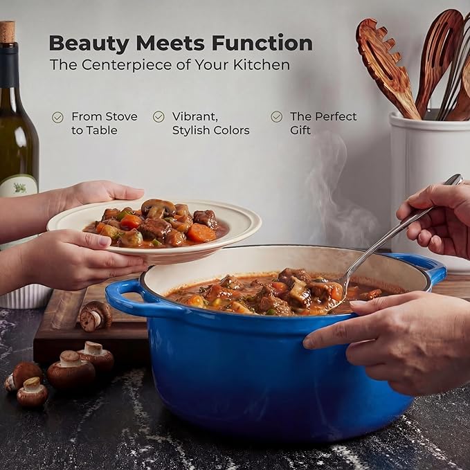 Zulay Kitchen 5 Quart Enameled Cast Iron Dutch Oven Pot with Lid – Premium Durability & Oven Safe up to 500°F – Heavy Duty Cookware Perfect for Bread Baking, Stews, Braising & Roasting – Blue