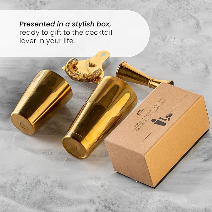 A Bar Above 4-Piece Cocktail Shaker Set, for Professional and Home Bar, Premium Bar Kit Gifts, Includes Strainer, Jigger, Shaker Set, and 4-Hour Cocktail Course