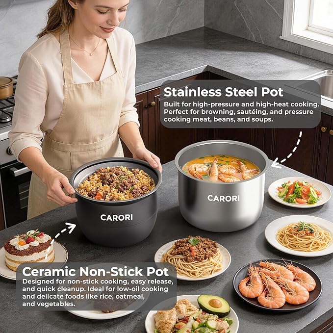 Carori Dual Pot Electric Pressure Cooker, 9-in-1 Multi-Cooker 6 Qt with 2 Inner Pots (Stainless Steel & Nonstick), 12 Programs, Slow Cook, Rice Cook, Steamer, Black