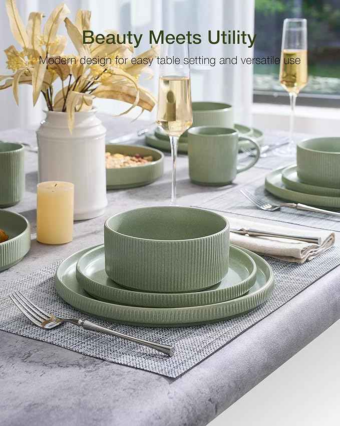 Famiware Star Dinnerware Set, Plates and Bowls Sets for 6 (18pcs), Ribbed Stoneware Dishes - Chip & Scratch Resistant, Microwave & Dishwasher Safe Kitchenware, Matte Sage Green