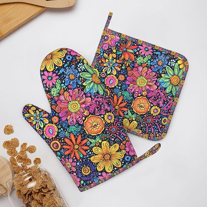 Oven Mitts and Pot Holders Set, Colorful Flower Art Silicone Kitchen Accessories 4 Piece Heat Resistant Long Gloves Potholder Non-Slip Grip for Chef Cooking Baking Grilling BBQ