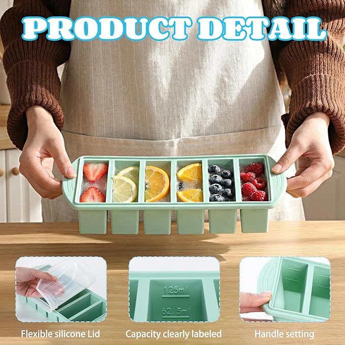 4 Pack Silicone Freezer Trays with Lid, 1/5, 1/2, 1, and 2 Cup Soup Freezer Molds Set Stainless Steel Frame Ice Cube Tray for Meal Prep Freezing Soup Stews Sauces Oven Microwave Safe(Multi)