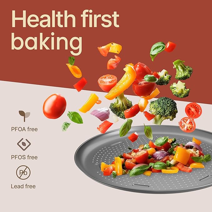 Bakken 16 Inch Non-Stick Pizza Pan 2 Pack, Round Carbon Steel Pizza Tray with Perforated Holes, PFOA, PFOS, & PTFE-Free, Dishwasher & Oven Safe Up To 450°F, Durable Nonstick Coating, Silver
