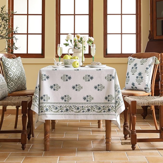 ISAENNE Designer White Linen Table Cloth for Rectangle Table,Chinoiserie Floral Elegant Indoor Tablecloth,Fall Stain Proof Decor Tablecloths for Dining Thanksgiving Kitchen,55"*79"-Mosella F