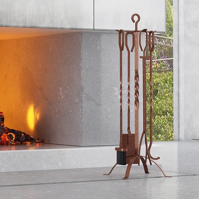 Fire Beauty 5 Pieces Fireplace Tools Sets Fireplace Accessories Tools Holder with Handles Tools for Indoor Fireplace Decor Outdoor Fire Pit Modern Tool(Antique Bronze)