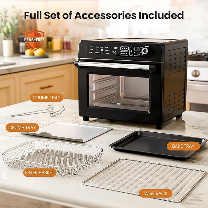 Kismile 25QT Air Fryer Toaster Oven Combo, 12-in-1 Large Countertop Convection Airfryer Oven, 70–450℉, Bake, Roast, Reheat, Broil, Fits 12″ Pizza, Includes Full Accessories, Stainless Steel(Black)