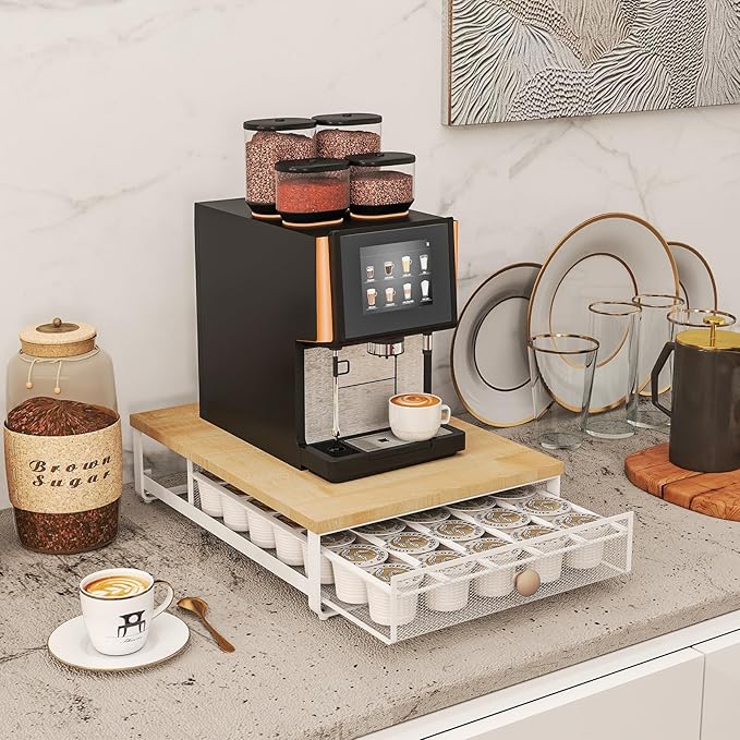 Sedegn Coffee Pod Holder Counter Coffee Vertuo Capsules Storage Organizer with Sliding Drawer Compatible For 35 K-Cup Pods No Assembly Needed Natural Colour