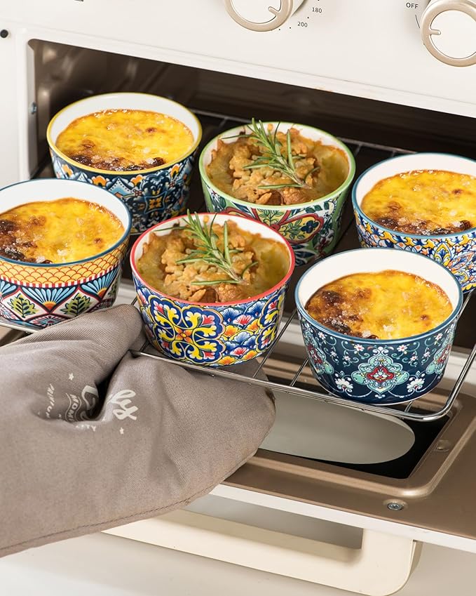 Ramekins Oven Safe for Creme Brulee - Porcelain Pudding Custard Cups 6 oz - Small Serving Bowls for Souffle, Dipping Sauce, Ice Cream, Baking Ramiken Set of 6 - Bohemian Style