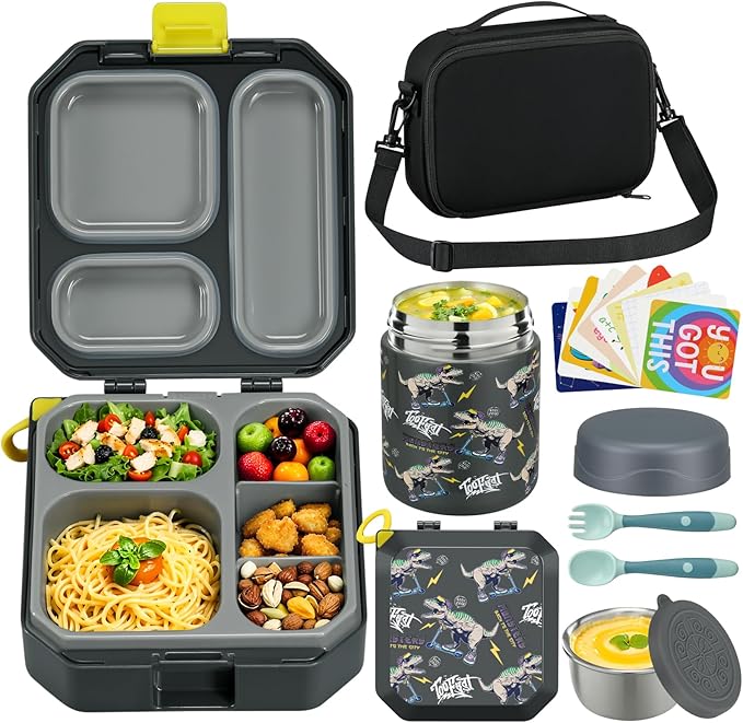 Itslife Bento Lunch Box Set for Kids with 12oz Soup Thermo&Lunch Bag, Leak-Proof Lunch Food Containers for Kids School, 5 Compartment, Sauce Cup, 10 Notes (Grey Dinosaurs)