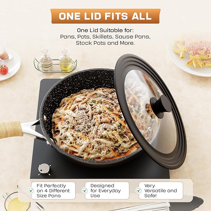 LSR Loreso Universal Pan Lid for Pots Pans and Skillets 12-15 Inch - Tempered Glass Pot Lid with Auto-Sizing Silicone Rim - Black