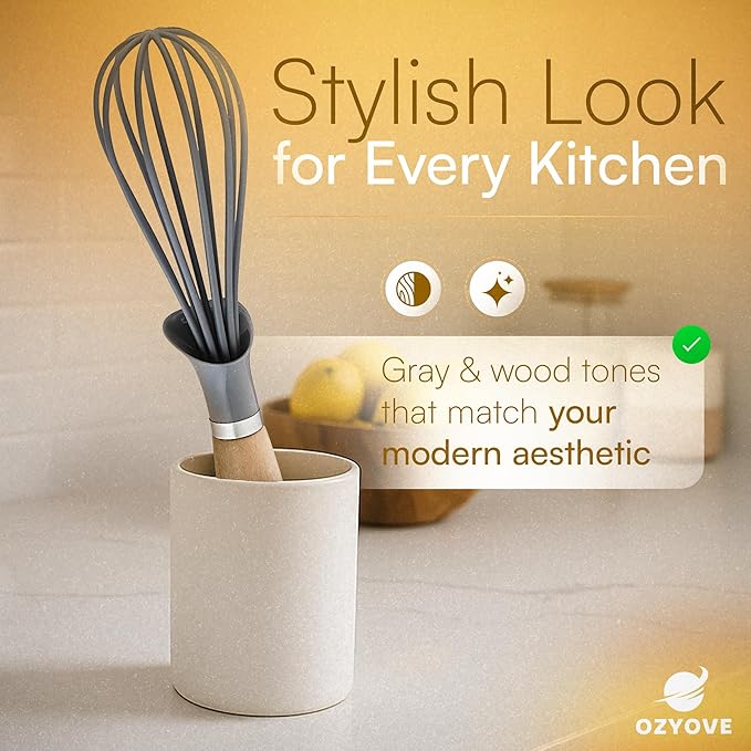 Modern Kitchen Whisk with Wooden Handle, Gray Silicone Wires, Professional Balloon Style for Mixing, Blending, Cooking, Utensil for Whisking Beating Frothing