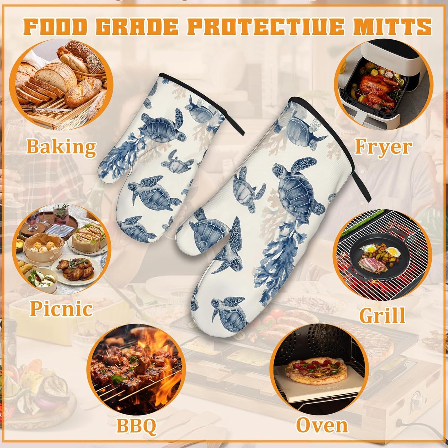 Turtle Coral Oven Mitts and Pot Holders Set,Kitchen Oven Gloves and Pot Holder with Heat Resistant Non Slip for Cooking Baking Grilling(4 Piece Set)