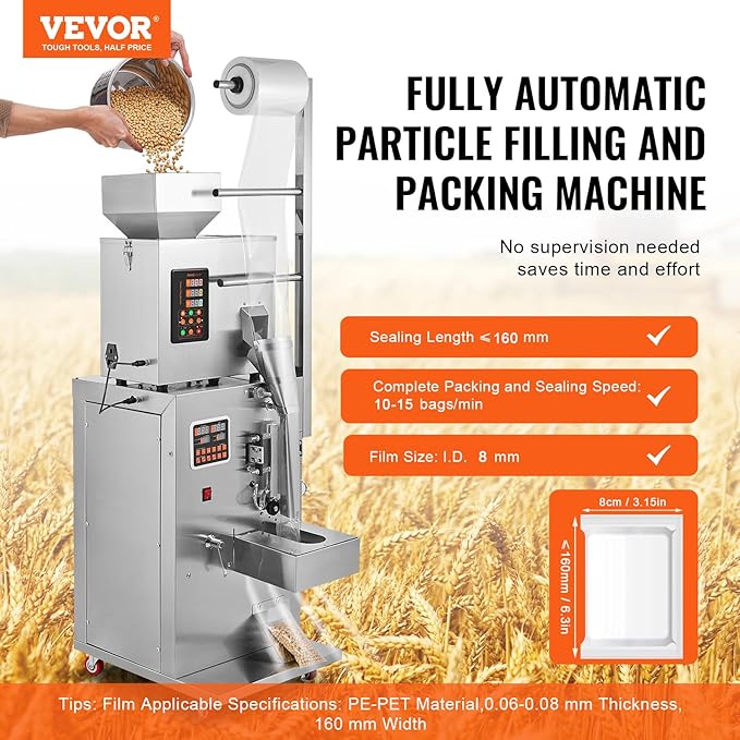 VEVOR Automatic Particle Packaging Machine 1-100g, 10-15 Bags/min Filling Sealling Mchine, Multi-Function Weighing Packing Machine, Powder Mixer Machine for Tea Seeds Grains Flour Beans Glitter