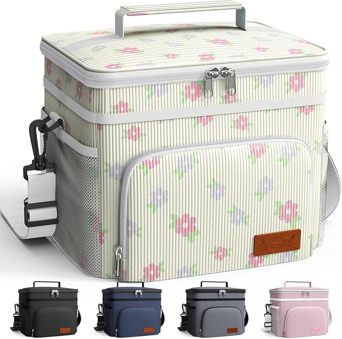 HOTOR Insulated Lunch Box for Men & Women - Leak-Proof Cooler Lunch Bag with 4 Pockets, Adjustable Strap, Ideal for Work, Picnic, Travel - Medium, Beige Flower, 10.2"×6.9"×8.5"