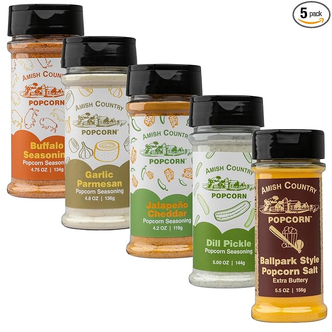 Amish Country Popcorn | 5 Pack Seasoning Bundle | Buffalo, Garlic Parmesan, Jalepeno Cheddar, Dill Pickle, BallPark Buttersalt | Old Fashioned, Non-GMO