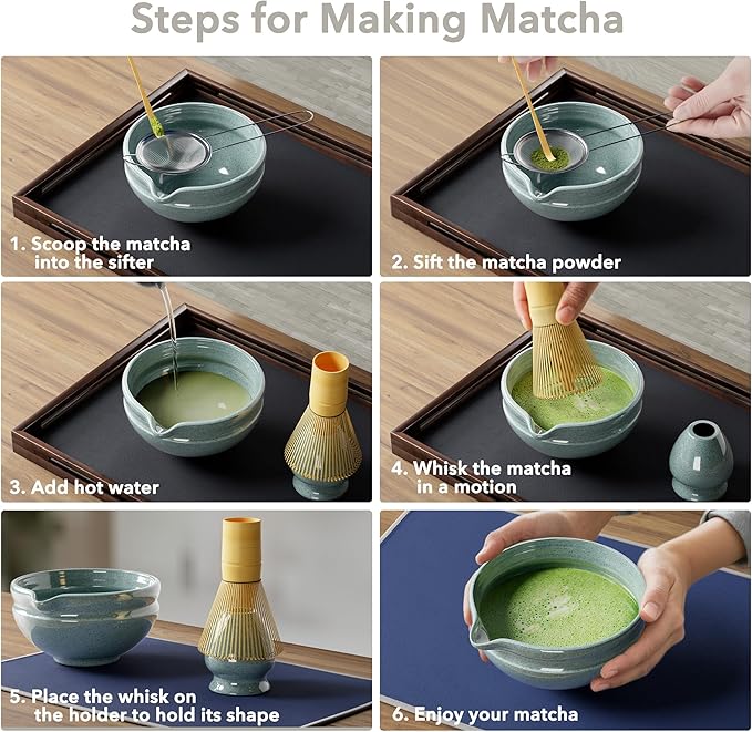 7 Pcs Matcha Whisk Set, Perfect Matcha Kit for Matcha Lovers Includes Ceramic Bowl, Bamboo Whisk, Holder, Scoop, Sifter & Cloth