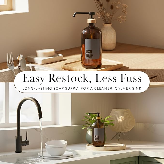 SAVVY & SORTED Amber Glass Dish Soap Dispenser for Kitchen Sink 1 Liter, Large Kitchen Soap Dispenser Set with Permanent Label, Refillable Glass Bottle for Dish Washing Liquid, 34 Fl Oz