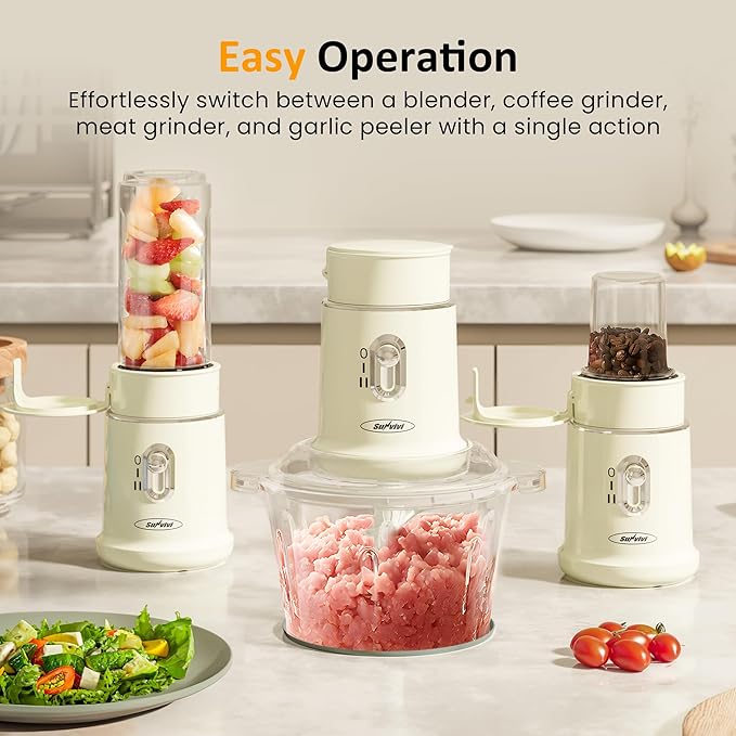 Sunvivi 4-in-1 Electric Food Chopper & Small Food Processor, Meat Grinder, Garlic Peeler & Juicer, 2-Speed Mini Food Processor with 1.5L Glass Bowl and 2 Cups (0.4L+0.2L), Beige
