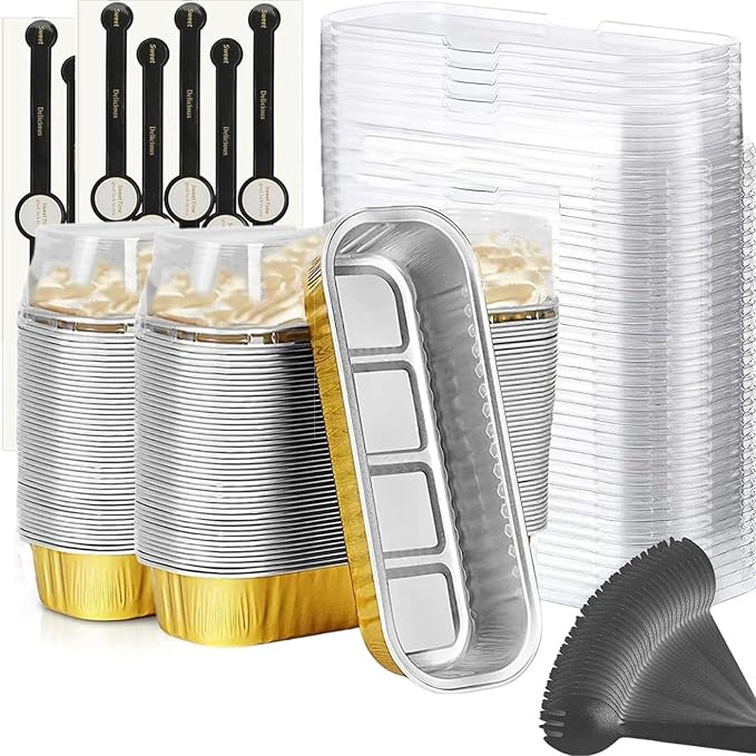 Findful Mini Loaf Baking Pans with Lids And Spoons (100 Pack, 6.8oz) Rectangle Aluminum Foil Baking Pans Tins Containers - Cupcake Containers Wrappers Cheesecake Creme Brulee Ramekins