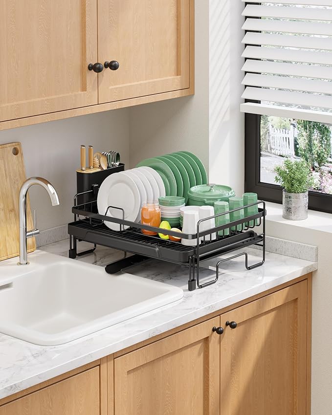 Kitsure Extendable Dish Drying Rack - Adjustable Length 12.8"–21.0", Auto-Draining Dish Rack for Kitchen Counter, Rust-Resistant Metal Frame Over-Sink Support for Plates, Bowls & Utensils, Black