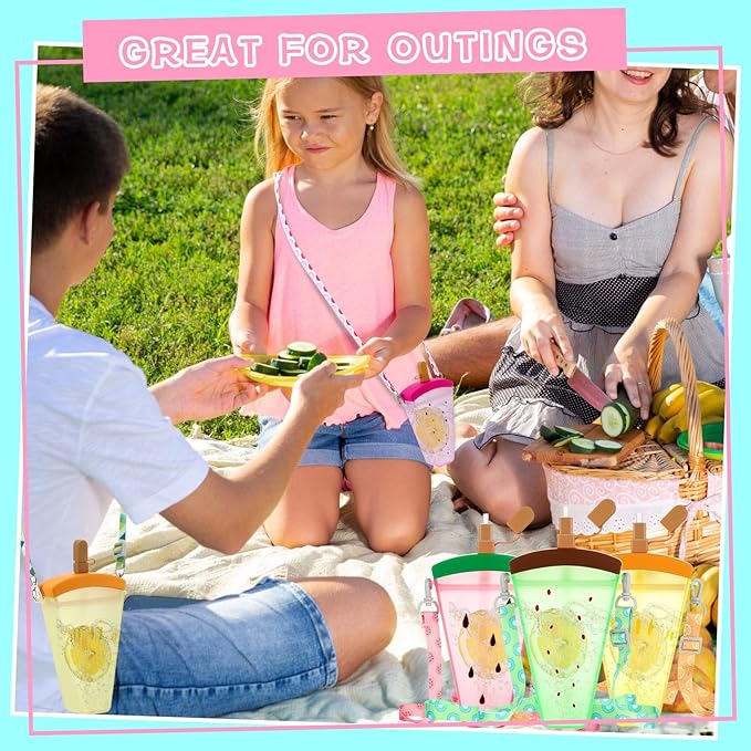 Patelai 8 Pcs 10.5oz Cute Water Bottles with Straw Kawaii Ice Cream Cups Leak Proof Drinking Bottles with Adjustable Shoulder Strap for Sports Travel Camping (Watermelon)