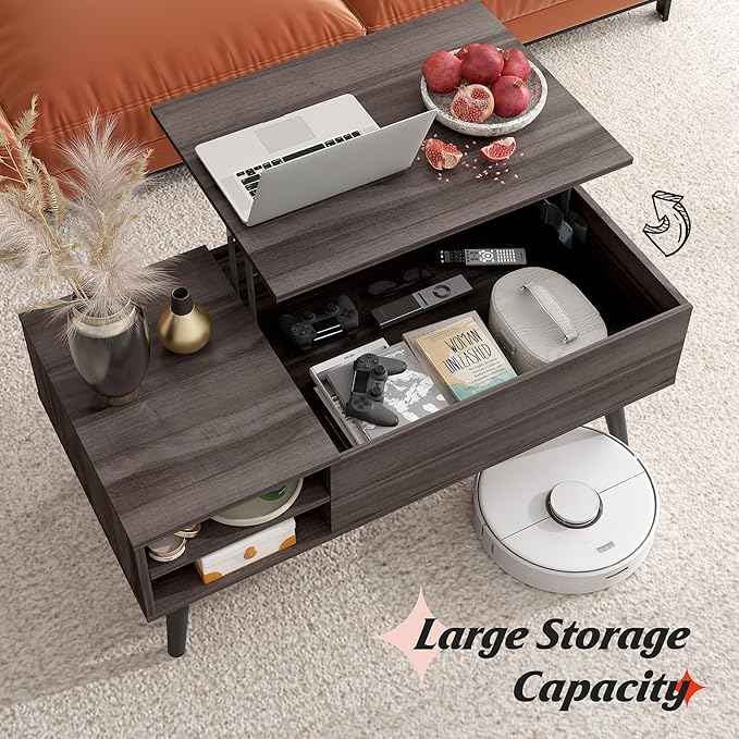 WLIVE Lift Top Coffee Table for Living Room, Small Coffee Table with Storage, Adjustable Shelf and Storage Compartment, Mid Century Modern Living Room Table, Wood, Grey