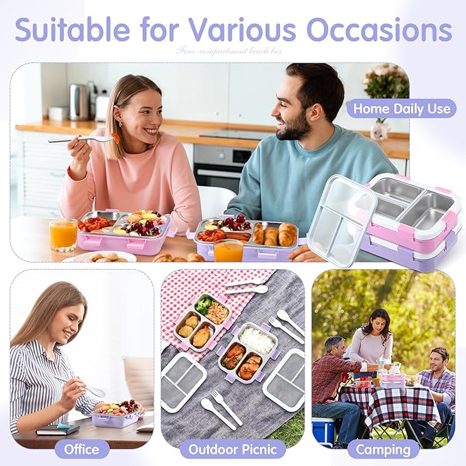 LemonRoad 2 Pcs 304 Stainless Steel Bento Box 24 oz Metal Lunch Box with Spoon Fork 3 Compartment Transparent Lid Dishwasher Safe Leakproof Food Fruit Snack Container for Office Travel (Pastel)