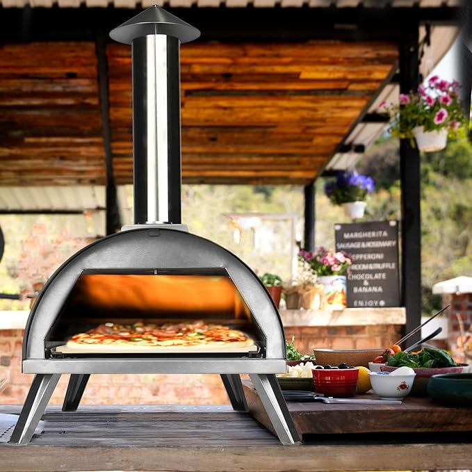 12" Wood Pellet Pizza Oven – Portable Stainless Steel Outdoor Pizza Maker with Built-In Thermometer, Foldable Legs, Carry Handle & Cordierite Pizza Stone for Backyard, Patio & Camping
