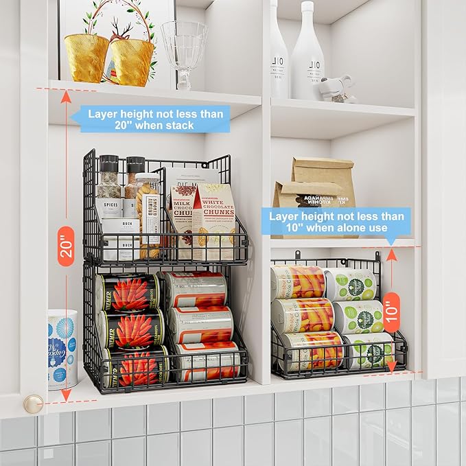 Stackable Can Organizer for Pantry with 2 Adjustable Dividers, Soda Can Organizer, Can Storage Dispenser Holds up to 28 Cans, 2 tier Metal Wire Baskets Can Holder for Kitchen Cabinet Pantry, Black